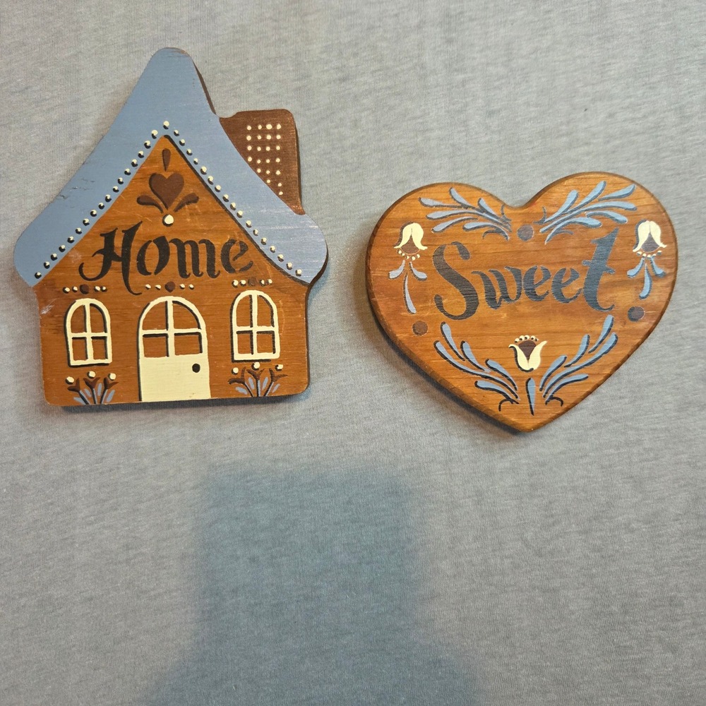 Vintage Home Sweet Home Wooden Wall Plaques Set of 2 Hand Painted Art Decor vtg